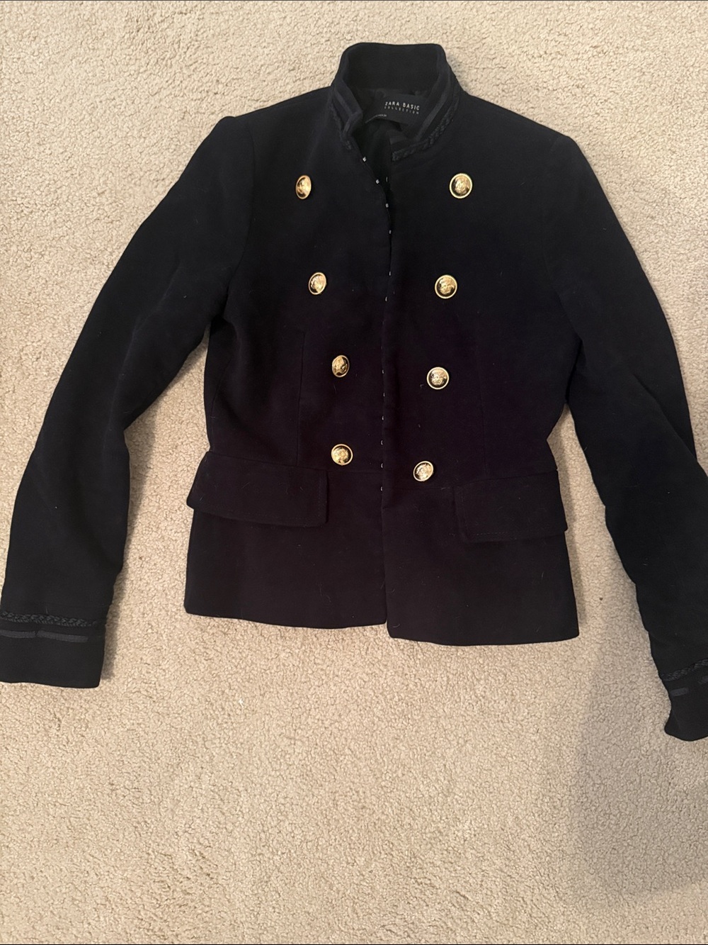 Zara Black Double-Breasted Military Jacket with Gold Buttons